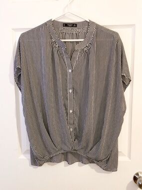 Mango Black & White Vertical Stripe Button-Front Blouse